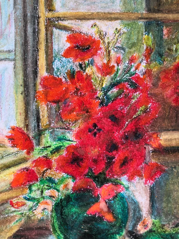 Bouquet of poppies wall art Original oil pastel painting 8x11 inch