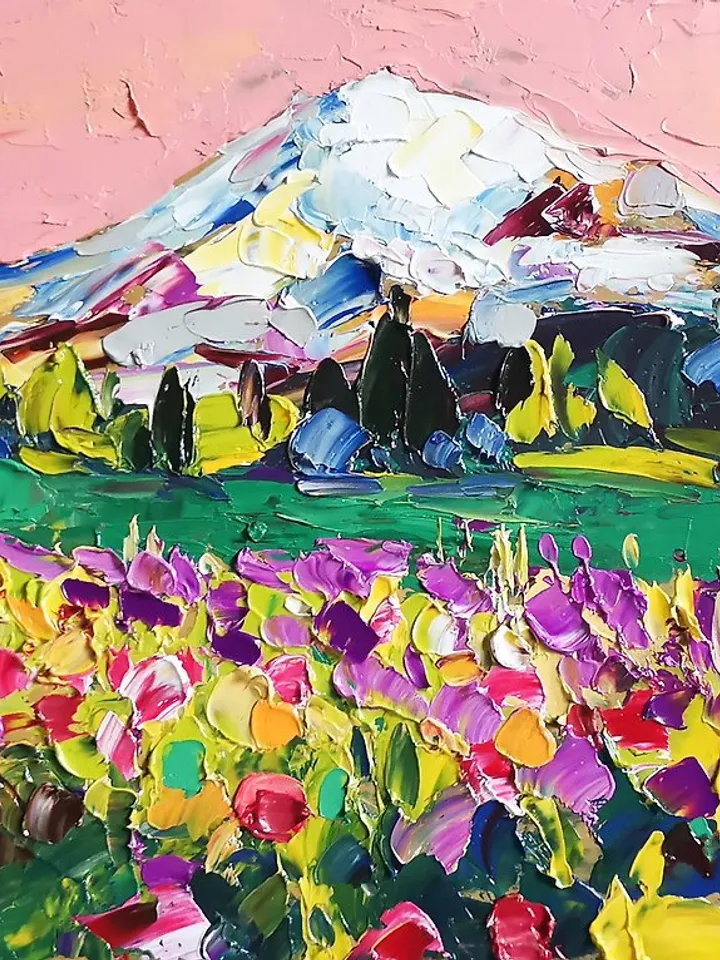 Mount Fuji Original Art Impasto Oil Painting landscapes Art Flower by Verafe