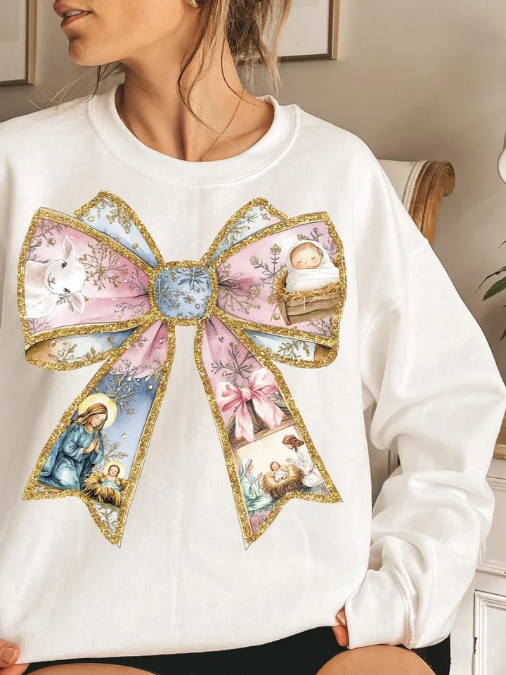 Jesus Christmas Coquette Bow Png, Christian Christmas Png, Nativity Scene Png, Baby Jesus Png, Bible Verse Png, Glitter, Pink Christmas Png