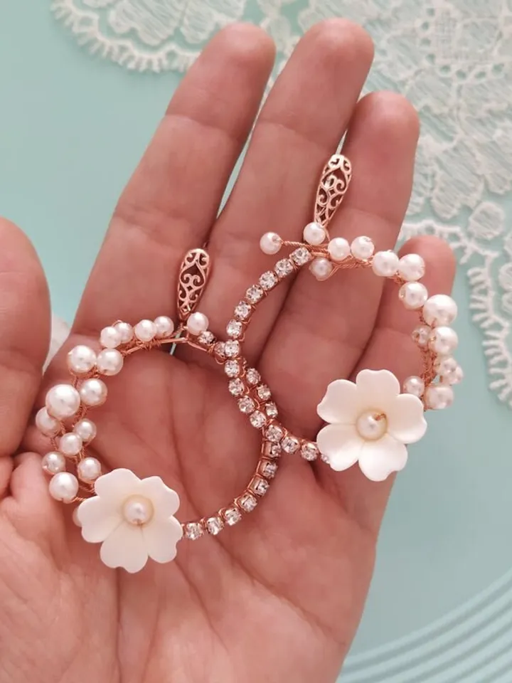 Rose Gold Hoop Floral Wedding Earrings, Porcelain Flower Bridal Earrings, Crystal Chandelier Statement Earriungs, Pearl Bridal Jewelry,