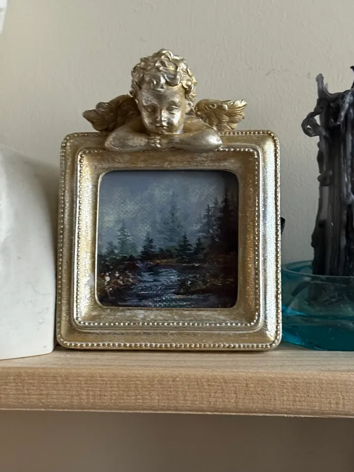 Small Landscape Painting Framed Original Foggy Cliff Painting Antique Misty Art Coastal Gold Frame Tiny Paintings 4 x 4 Art Victorian artwork