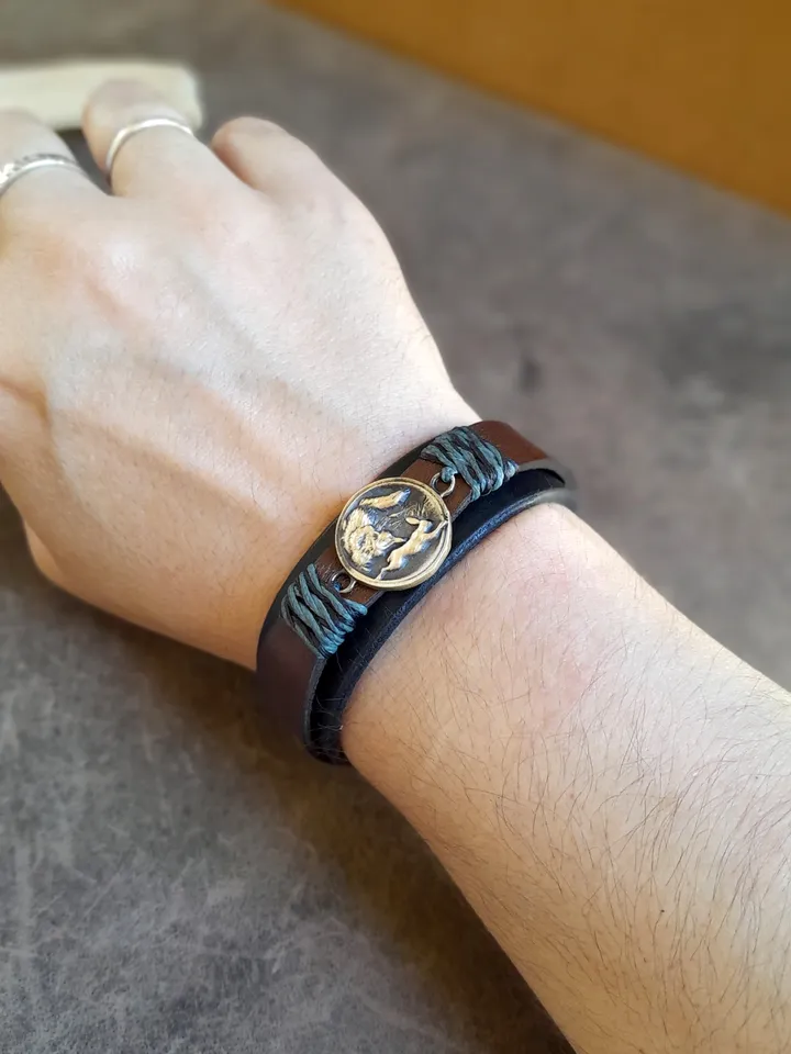 Hunting Wolf Bracelet, Handmade Adjustable Leather Cuff, Hunter Gift Idea, Men Empowerment Leather Wristband, Anniversary Gift for Him
