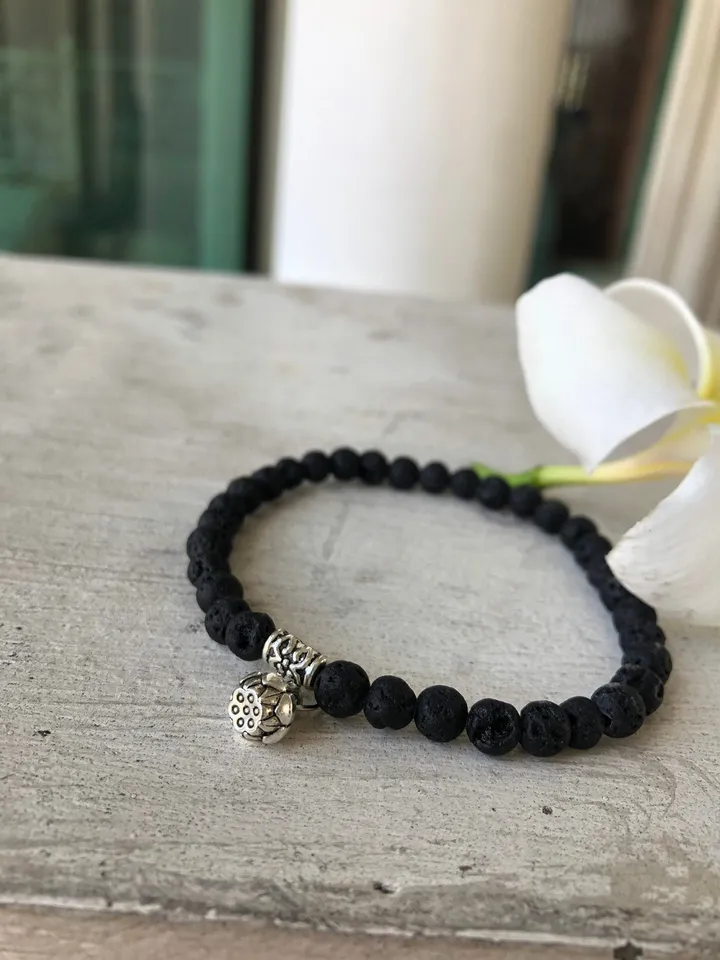 Lotus Seed Flower Genuine Lava Stone Bracelet | Fertility Symbol Black Gemstone Bracelet Amuleth | Spiritual BAli Jewerly | Yogi Accesories