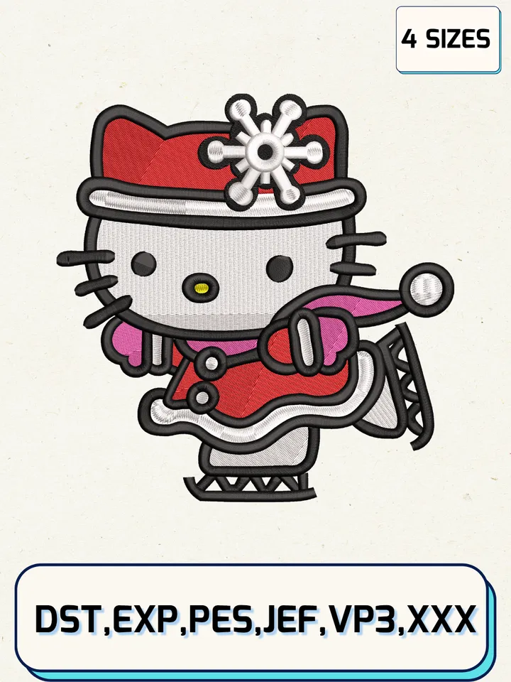 Hello Kitty Ice Skating Embroidery Design,Christmas Embroidery Designs,Machine Embroidery Files,Hello Kitty Embroidery Design,4 sizes