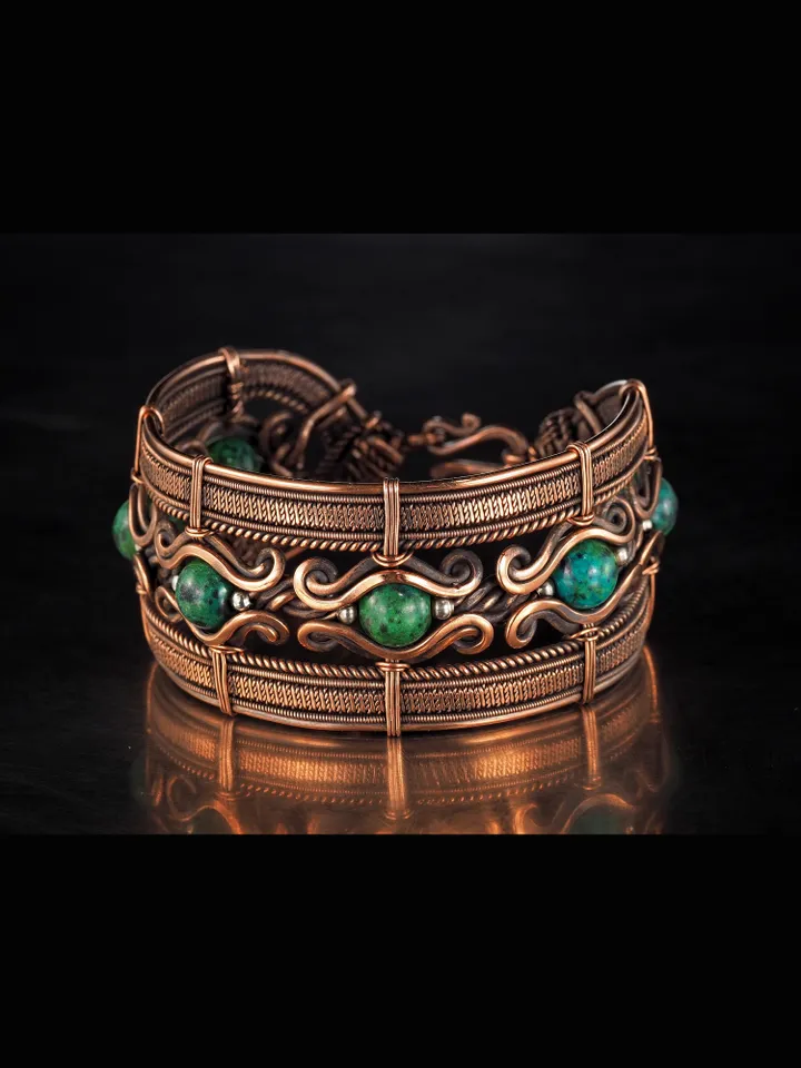 Copper wire wrapped bracelet with chrysocolla for lady Antique style WireWrapArt