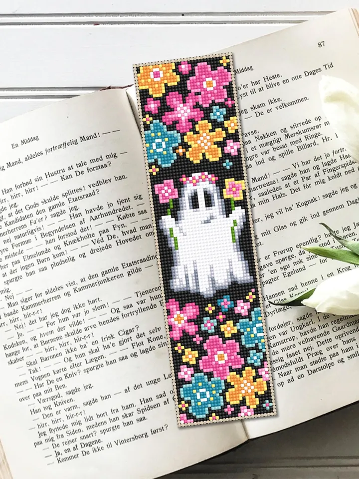 Floral ghost bookmark cross stitch pattern PDF download Cute ghost cross stitch chart, Simple Halloween bookmark pattern digital PDF #B366