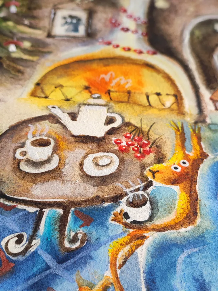 27×27cm Artwork by Julia Schigal "Dreaming of a White Christmas" - watercolor, gouache, pastel