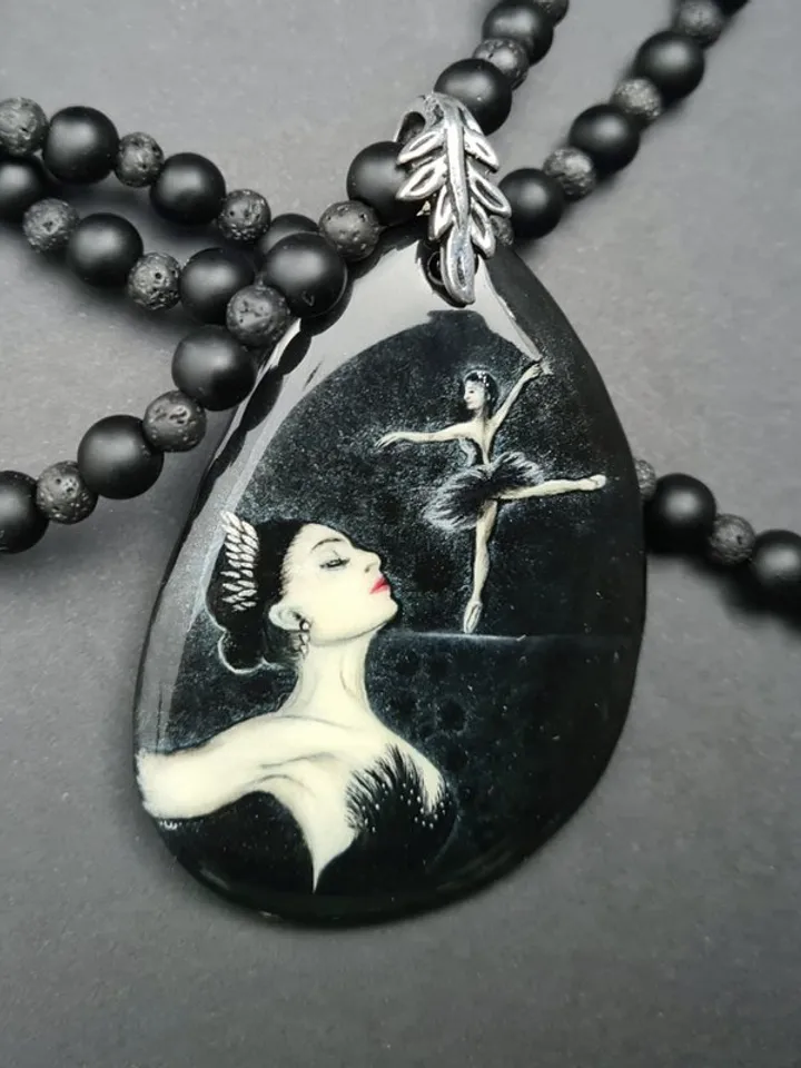 Necklace ballerina black swan Oil painting Miniature on agate One of a kind