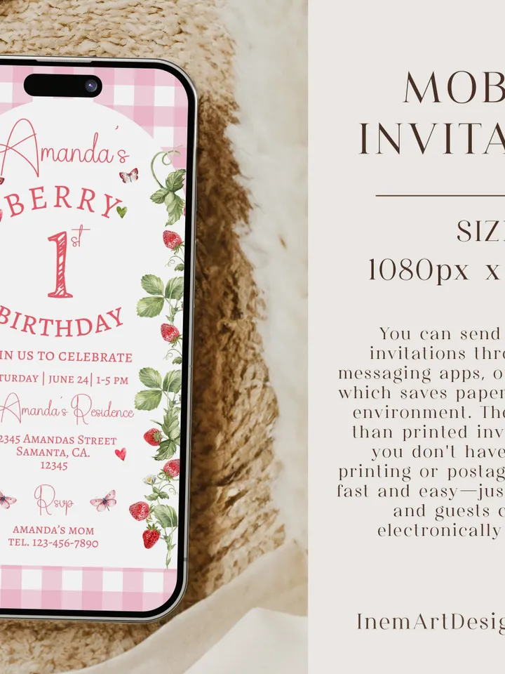 EDITABLE Pink Gingham Berry First Birthday Invitation, Berry First Birthday Digital Invitation Birthday, Strawberry First Birthday Invite