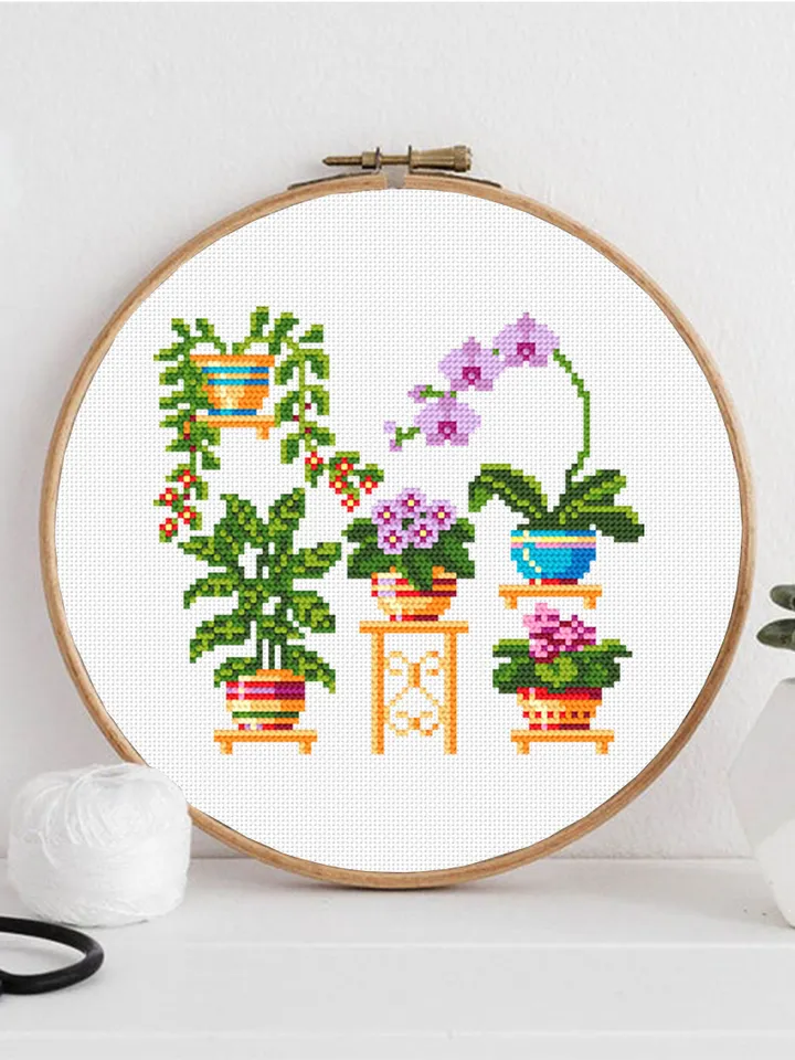 Home plants cross stitch pattern download PDF Floral cross stitch chart, Easy small cross stitch sampler, Potted plants hand embroidery #P3
