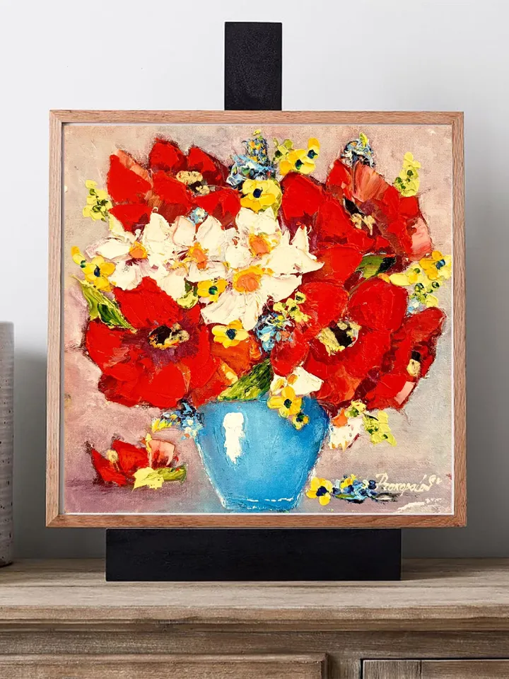 Daisy Painting Poppy Original Art Impasto Oil Painting Chamomile Flowers Painting Original Art Floral Wall Art Small Painting Gift 10x10