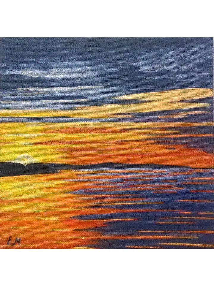 Seascape, Painting Sunset on the sea, Orange sunset, Landscape - acrylic, Painting with sunset
