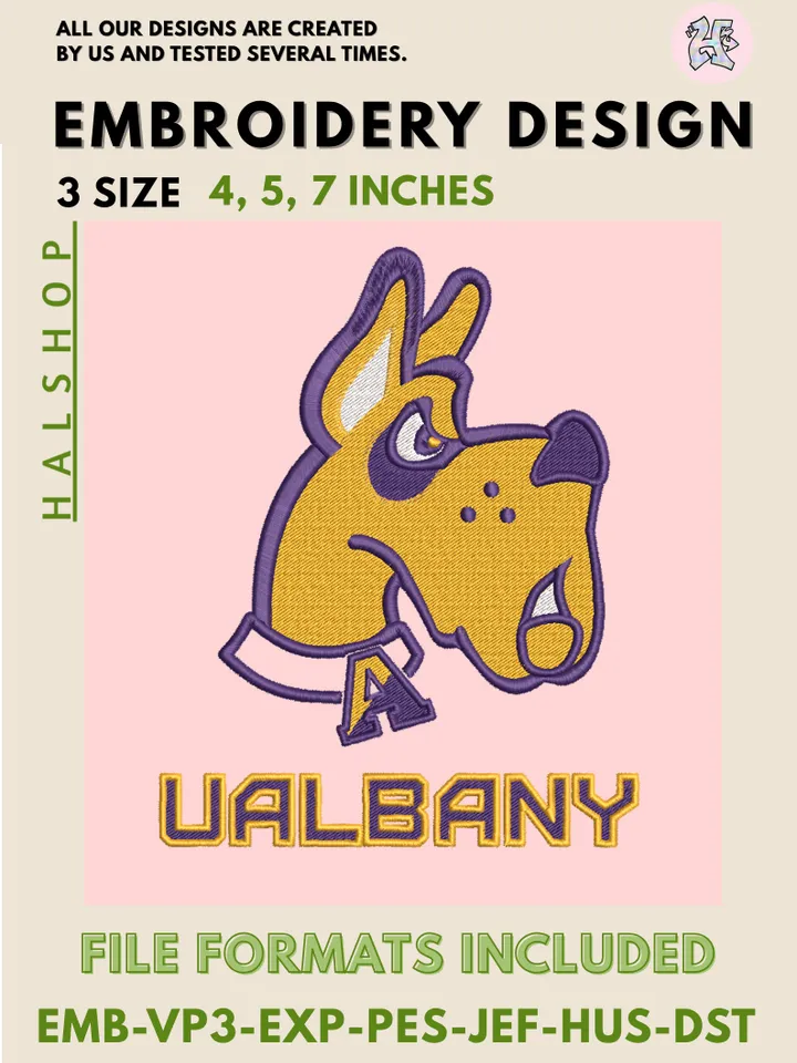 UAlbany Great Danes Logo Embroidery Design – NCAA College Team Machine Embroidery File 💜