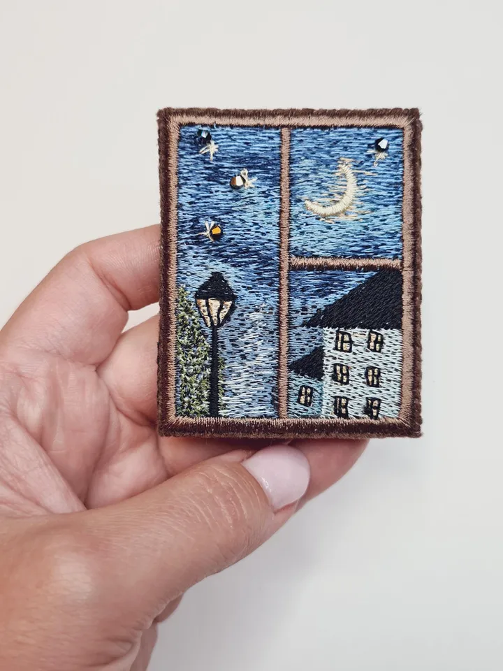 Machine embroidery design for art therapy: Brooch "Window night landscape"