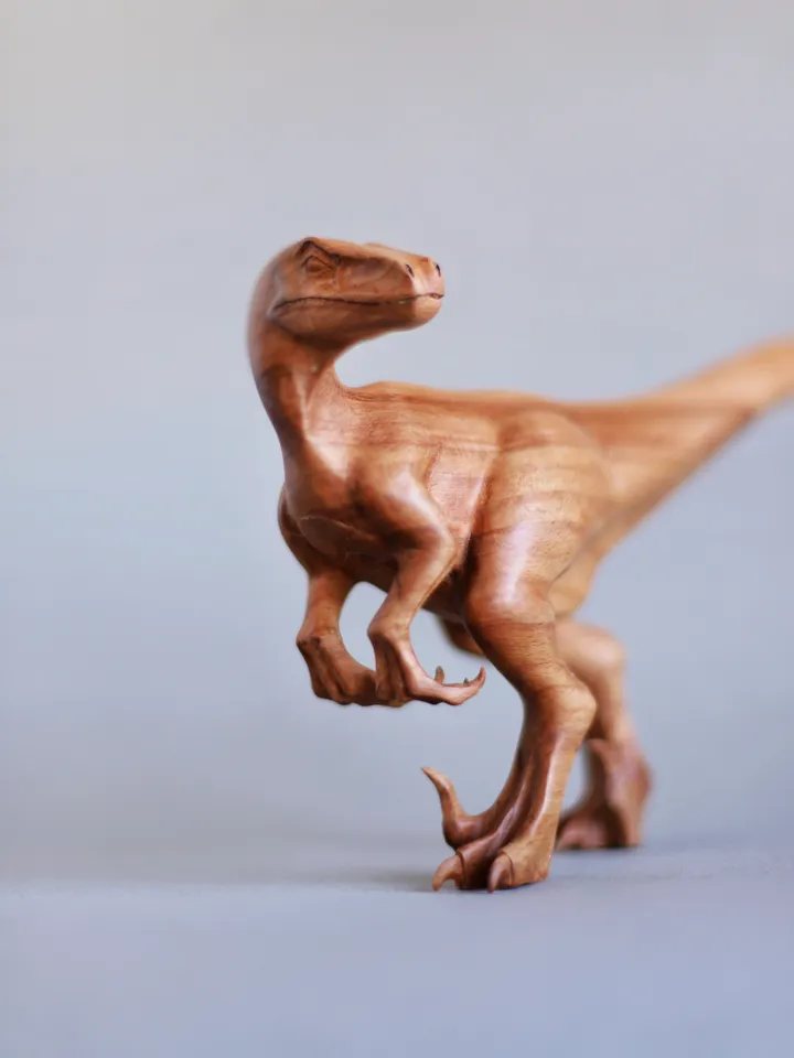 Wooden dinosaur Velociraptor, wooden hand carved sculpture