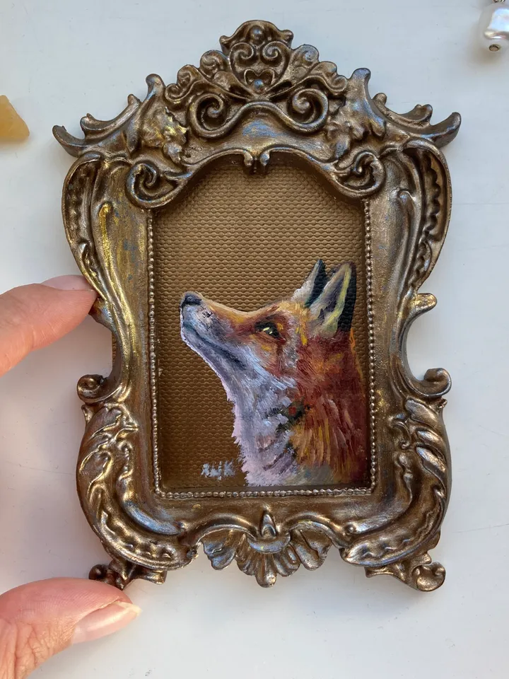 Fox Oil Painting Original In Vintage Style Frame Small Framed Animals Wildlife Art