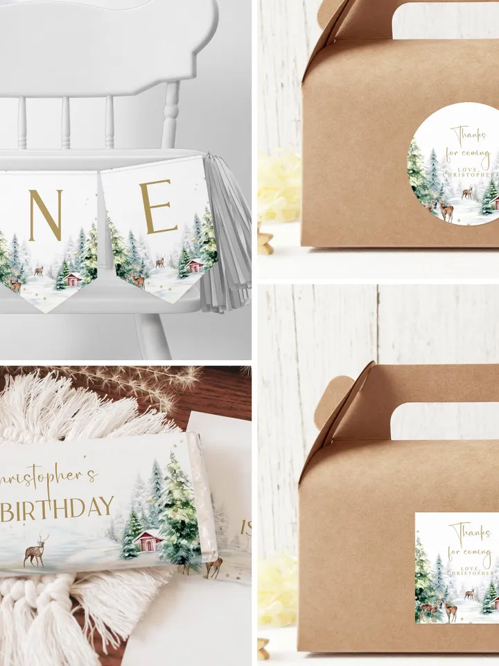 Editable Winter ONEderland Birthday Invitation Bundle, Winter Wonderland First Birthday , Deer, Winter Woodland, Adventure Theme Party i128