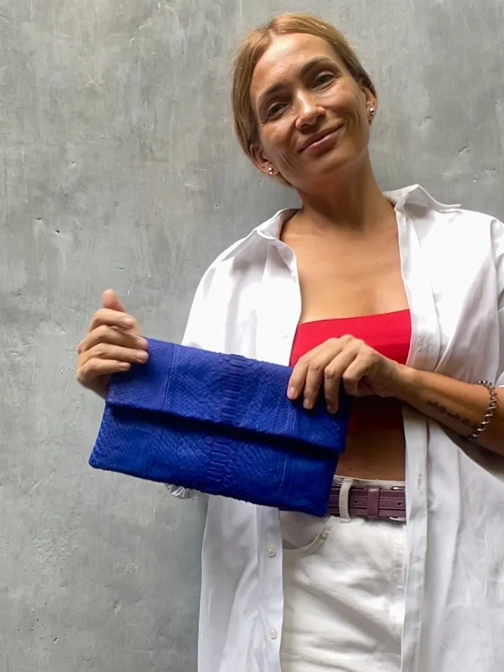 Genuine python skin bright blue ultramarine envelope clutch| Foldover Woman Summer Purse | Elegant Classy Clutch bag | Snakeskin small bag