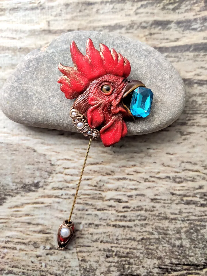 Brooch Rooster. Original handmade brooch with precious stones and pearls.