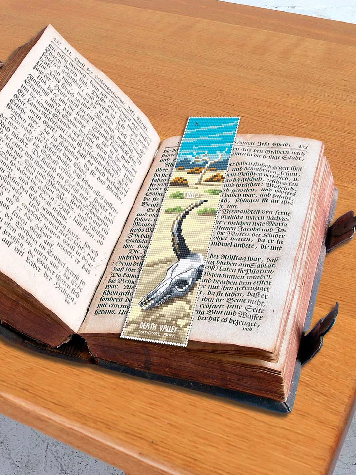 Death Valley National park bookmark cross stitch pattern PDF download Nature cross stitch chart, Desert landscape, Cow skull bookmark #B192
