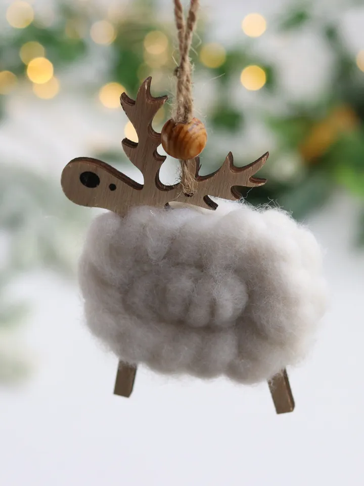Christmas reindeer ornament wood/wool decor Winter Festive hanging deer decoration
