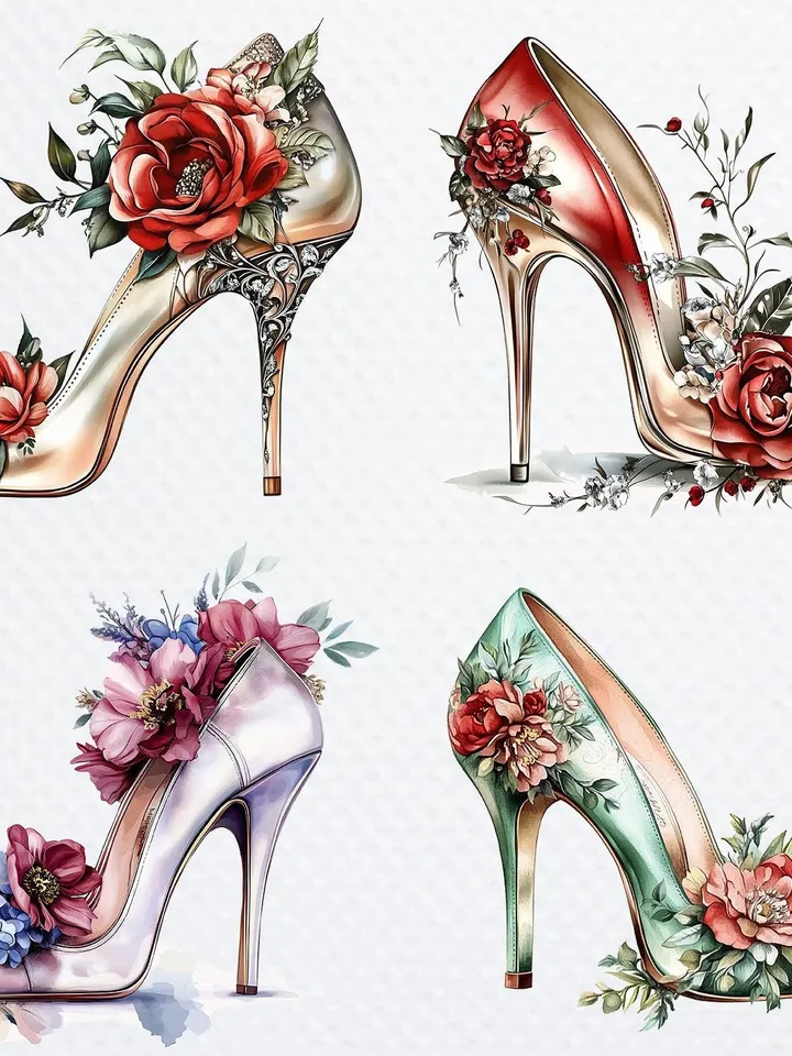 15 Floral Prom Shoes PNG Bundle, Printable Watercolor sublimation, High Quality PNGs, Digital download, Paper crafts, junk journals