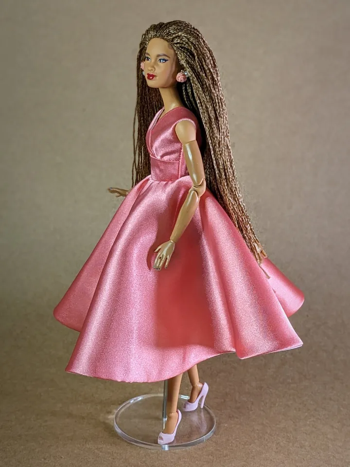 Handmade pink satin dress for 1/6 scale 11.5-inch fashion dolls | Formal Doll Gown