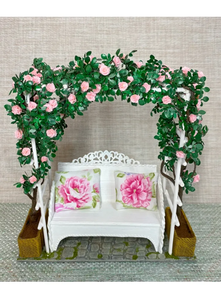 Arch with a weaving rose and a bench. Dollhouse accessories. 1:12. Doll garden. Plants for the doll.
