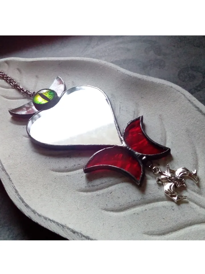 Stained glass scrying mirror necklace, Black goth ornate mirror, Bat mirror, Car hanger, Witch mirror, Heart mirror