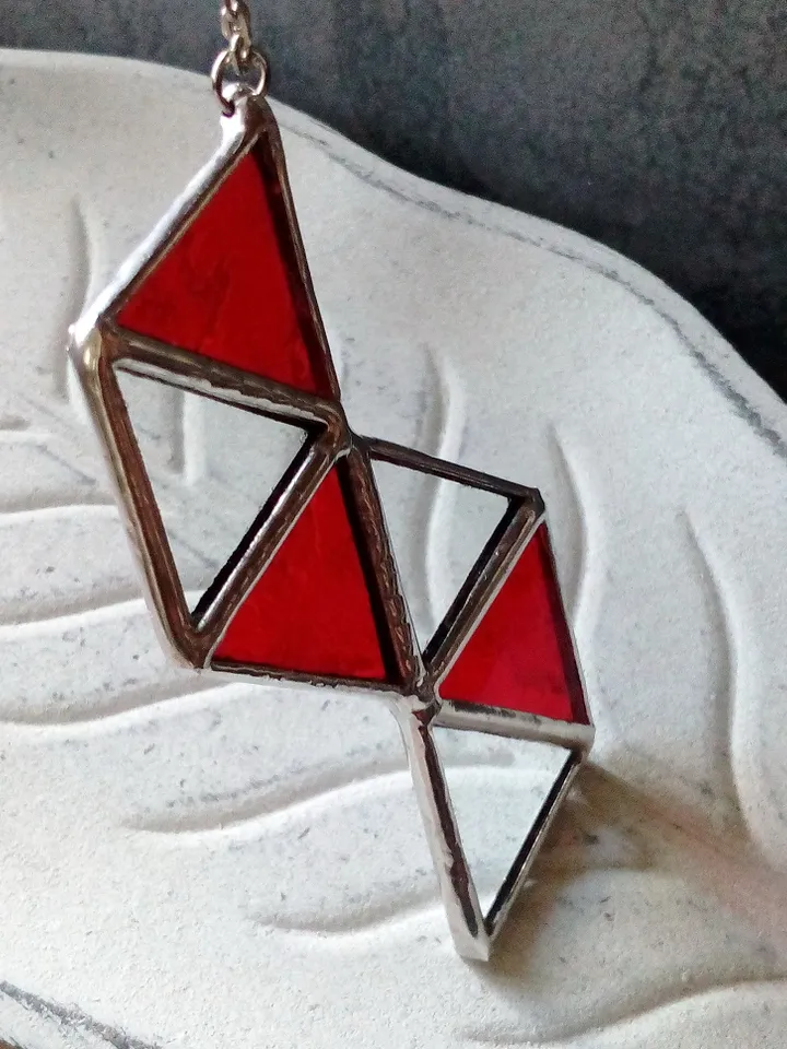 Glass geometric pendant, Origami Red necklace, triangular necklace, stained glass cute necklace
