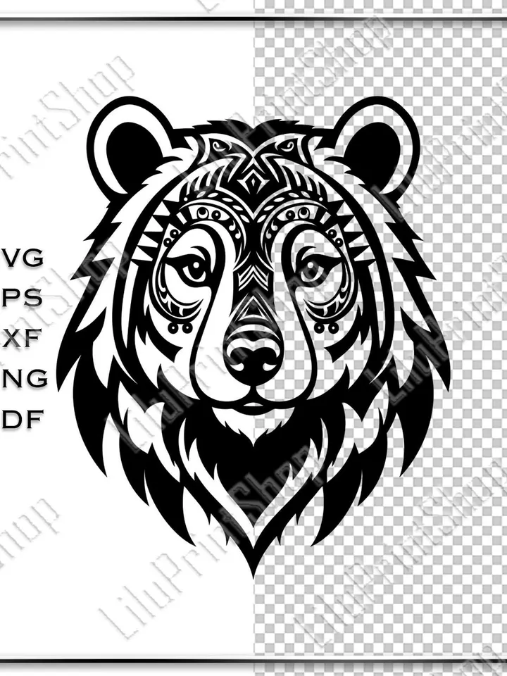 Grizzly head laser cut svg Tattoo Tribal bear cut file for Cricut Silhouette, cnc, png, eps, dxf, pdf. Instant download