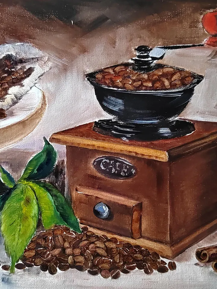 Manual Coffee Mill & Coffee Beans Artwork Original Oil Painting 10.63x15.35 in by ArtCafe