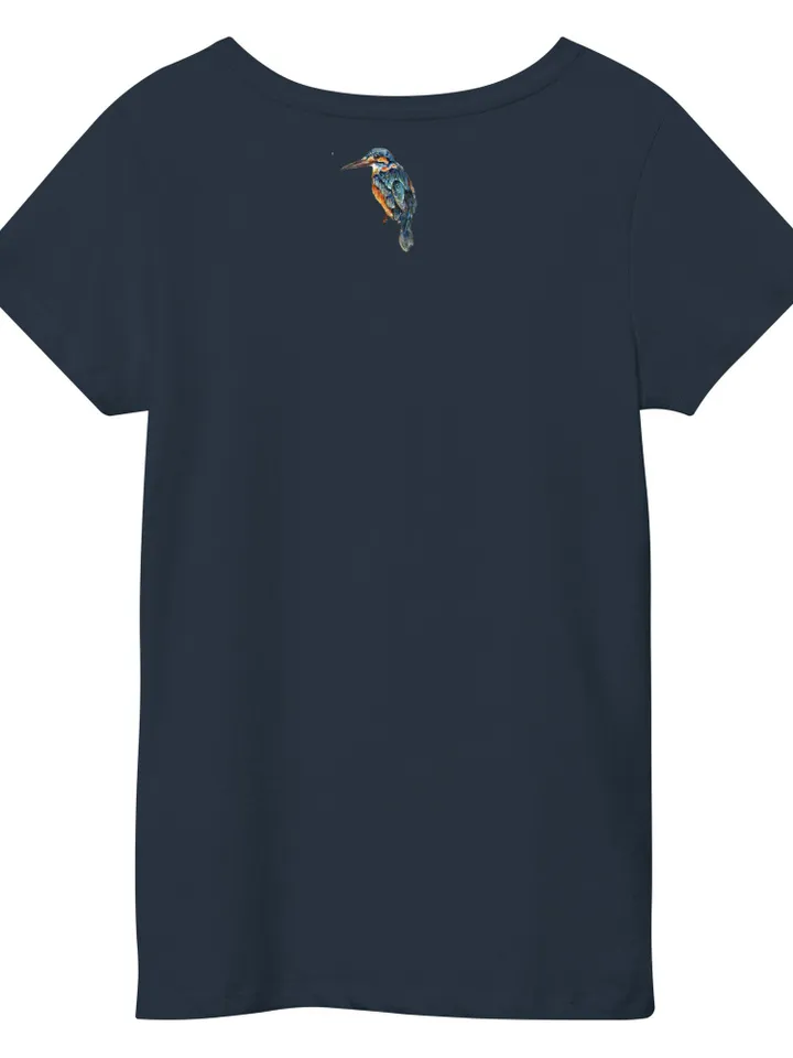 Kingfisher Women’s basic organic t-shirt made with my original watercolour painting,birds t shirts,unique handmade designer shirts for sale