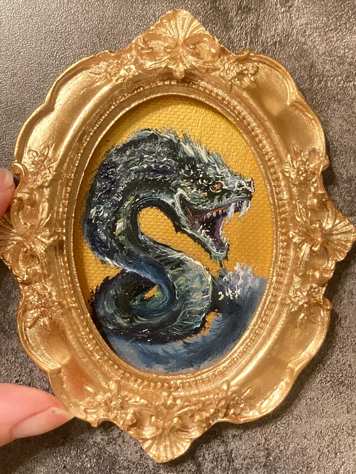Basilisk Painting Small Original Oval Framed Art Witch Gifts Mini Gold Framed Decor, Mythical Creatures Art, Tiny Art Whimsigoth Decor
