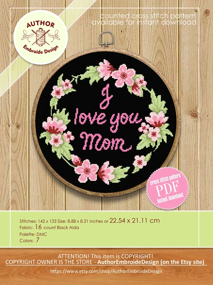 I love you mom cross stitch pattern download PDF Floral wreath cross stitch chart, Floral pattern digital PDF Framed quote cross stitch #Q49