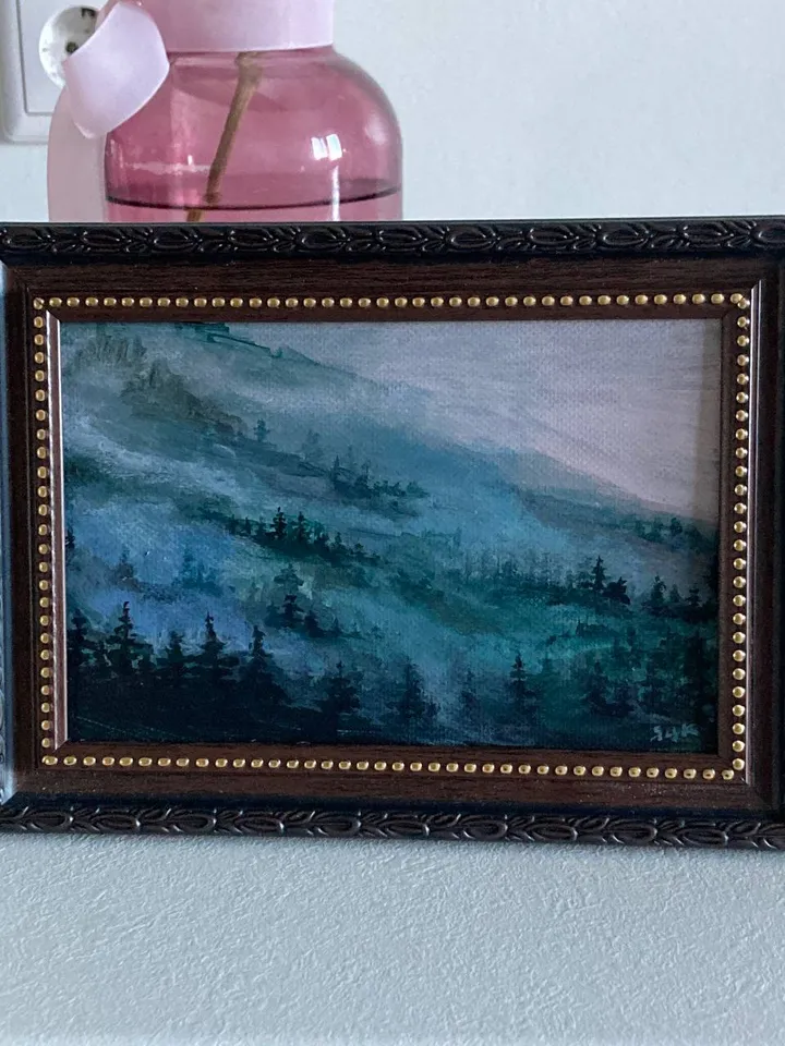 Original Forest Painting Foggy Forest Mountains Small Moody Painting