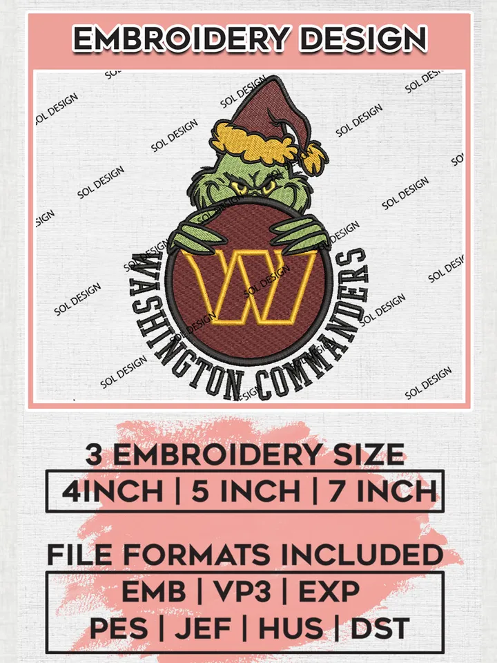 NFL Washington Commanders Team x Grinch Holding Ornament Logo Embroidery Designs, NFL Commanders Team Machine Embroidery Files, NFL Football Teams, 3 sizes, Grinch Machine embroidery designs, Digital Download