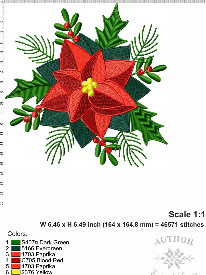 Christmas Poinsettia embroidery design Machine embroidery pattern 7 sizes, Christmas embroidery file, Red flower Poinsettia pattern #R3