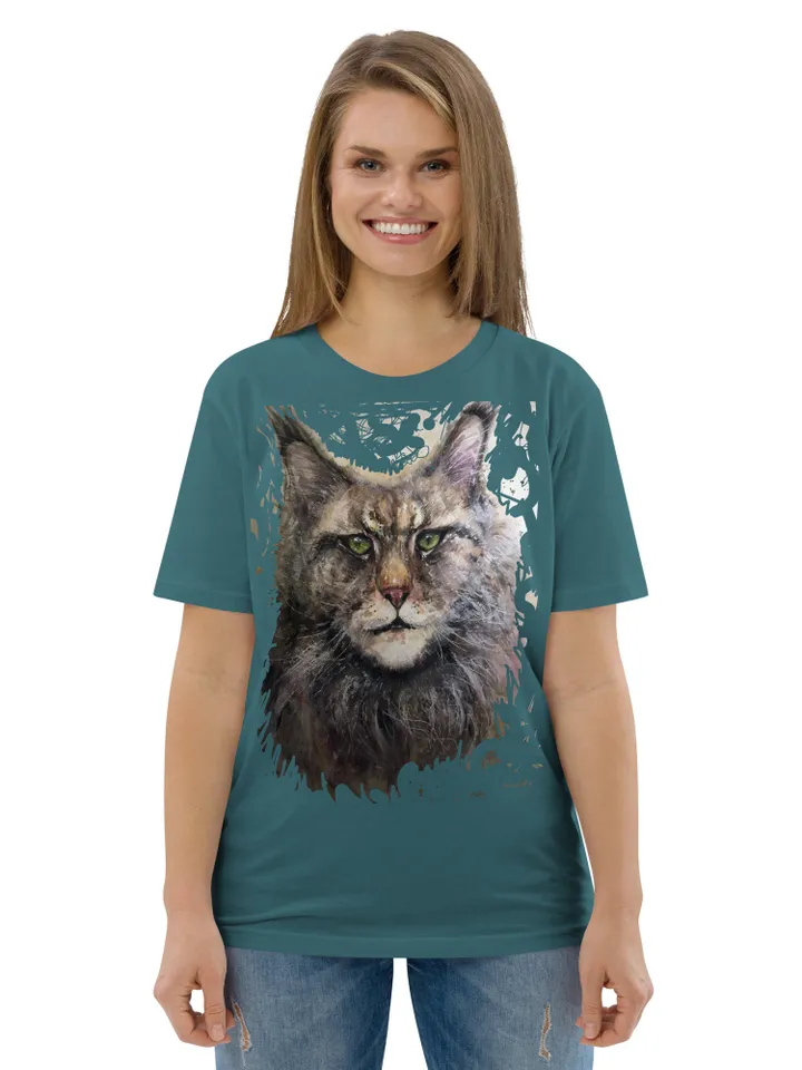 MeineCoon Unisex organic cotton t-shirt made with my original design watercolor meine coon cat painting artistic t shirts,unique design.
