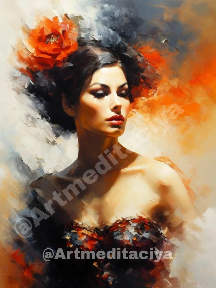 Digital abstract painting "Mysterious Carmen", made in the style of oil painting with a palette knife on an abstract white-beige-orange-gray background. This is a blurry concise image of a Spanish brunette in a dark neckline with an orange flower in hair