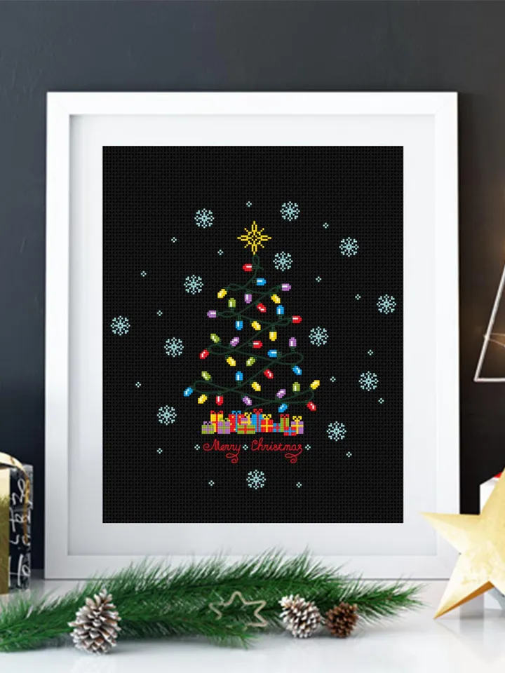 Christmas tree lights cross stitch pattern PDF download Xmas cross stitch chart, Merry Christmas pattern digital PDF, Christmas decor #N153