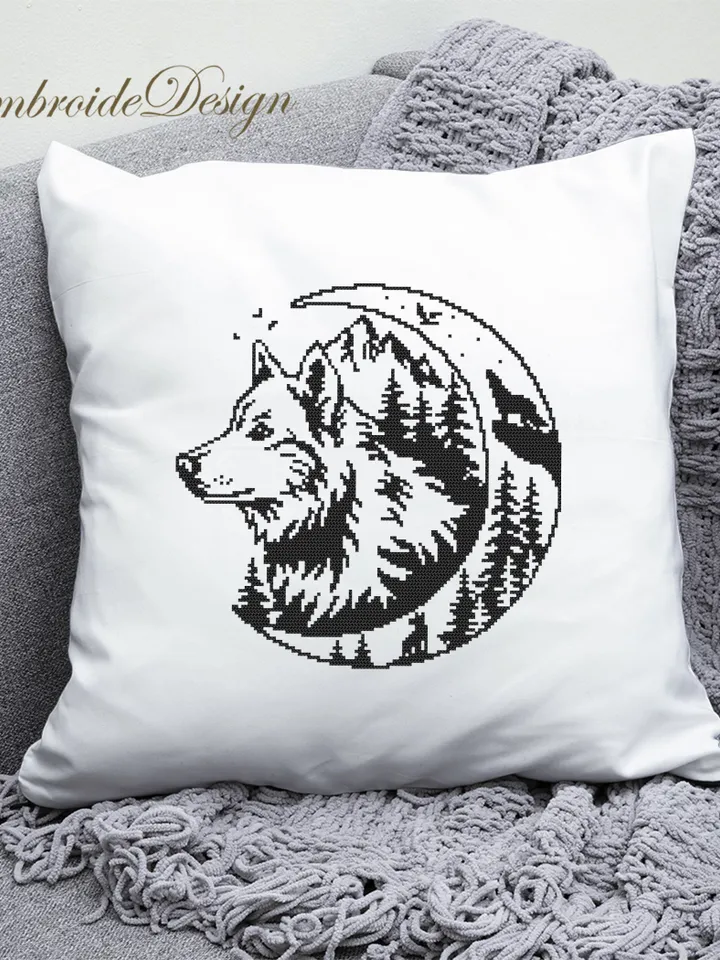 Wolf moon cross stitch pattern PDF download Silhouette wolf cross stitch chart, Monochrome nature pattern digital PDF, Forest landscape #L77