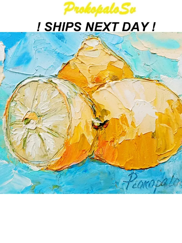 Lemon Painting Fruit Original Art Impasto Painting 6x4 Still Life Wall Art Small Painting Citrus Artwork Gifs by ArtProkopaloSv