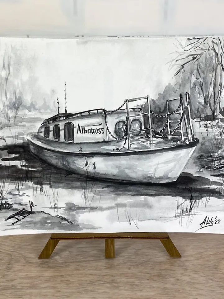 Boat painting Original watercolor painting B&W art Graphic painting Monochrome painting