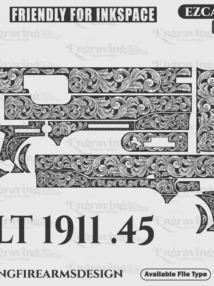 Colt1911 .45 Scroll Svg | VectorBundle LaserEngraving Svg,lasercut,fiberlaser,engravingfiles,laserpattern,,engravingpattern,metalart