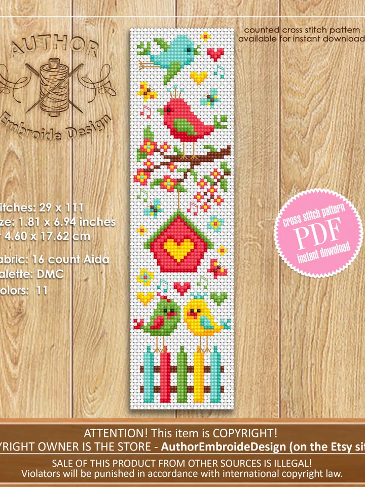 Spring bookmark cross stitch pattern PDF download Romantic love birds cross stitch chart, Bird bookmark pattern digital for beginner #B416