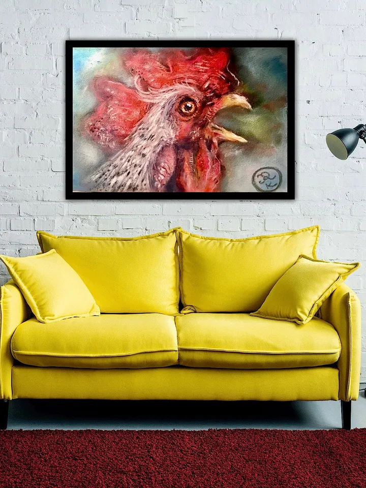 Red rooster original soft pastel painting on cardboard,funny animals pastel art,small painting gift,kitchen wall decoration.