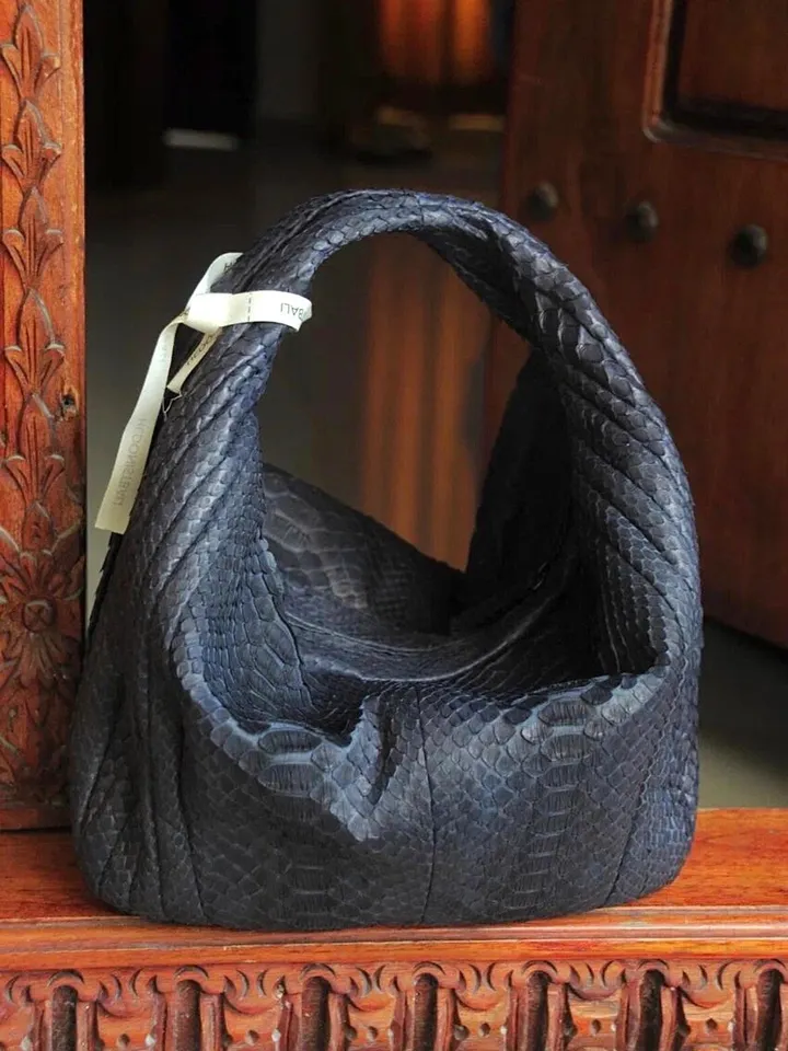 Medium Soft Hobo Classy Sport Woman Stitched Bag | Purse Genuine Python Skin | Dewi blue Big Elegant Leather Designer Soft Bag Snake |