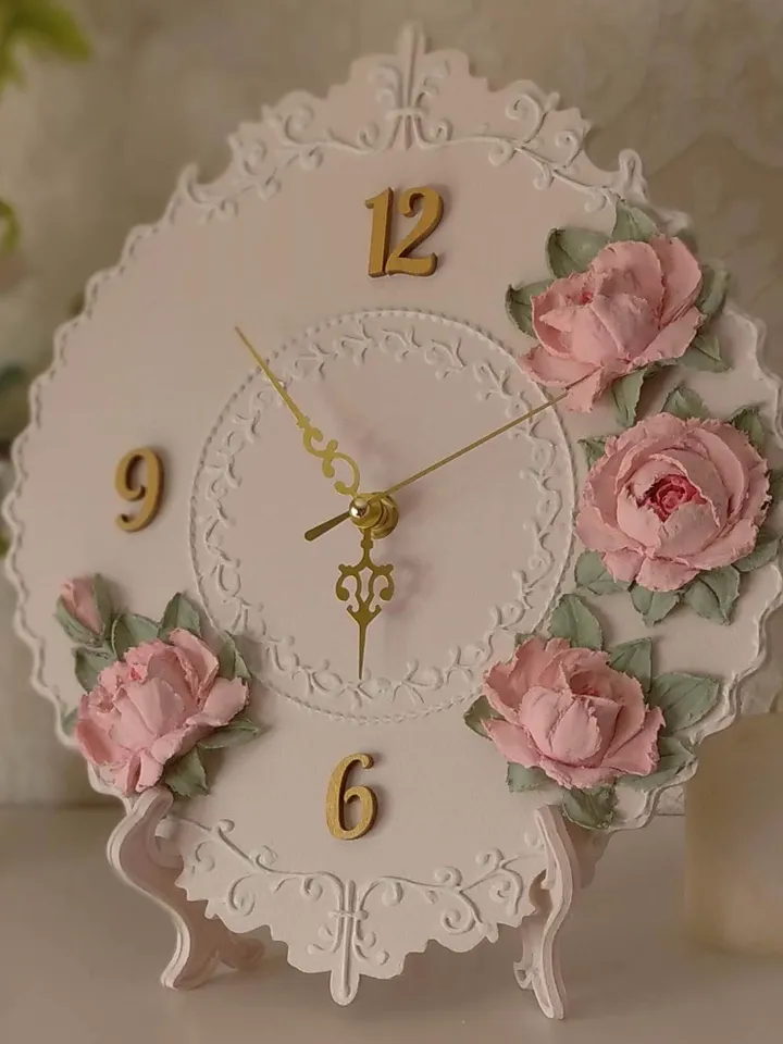 Small pink table clock with pink roses in shabby chic style Silent wall clock for bedroom Nursery decor Wedding gift
