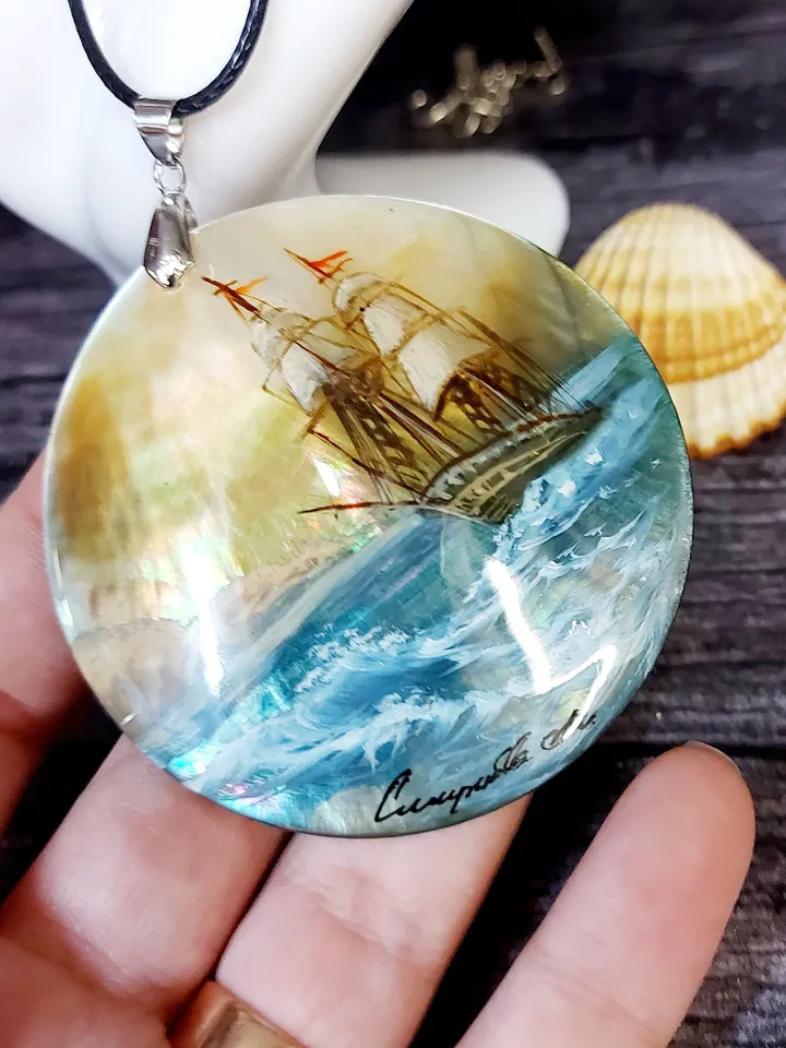 Pearl pendant necklace: Sailboat on the waves painted on shell jewelry • Free sail in sea • Dainty hand made jewellery with ship in ocean